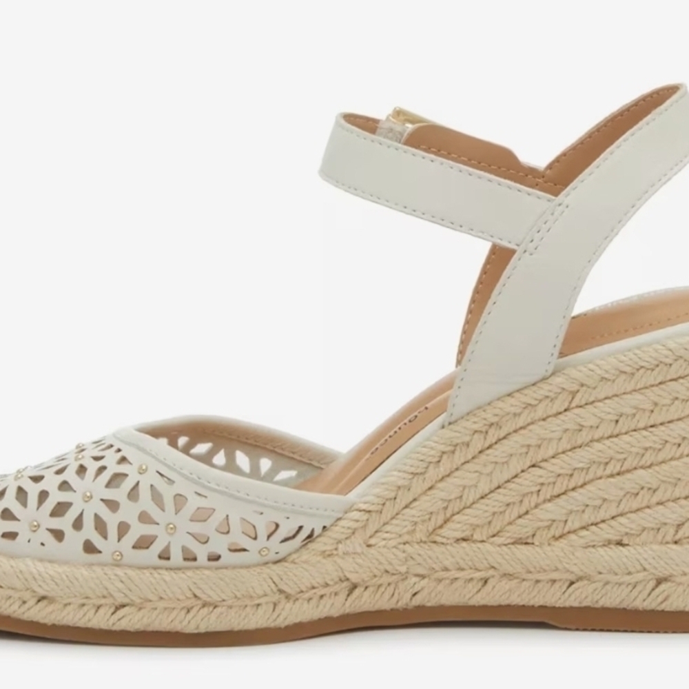 Hush Puppies Bounce Cream Espadrille Wedge Sandals Buckle Leather Cut-Out - Picture 8 of 11